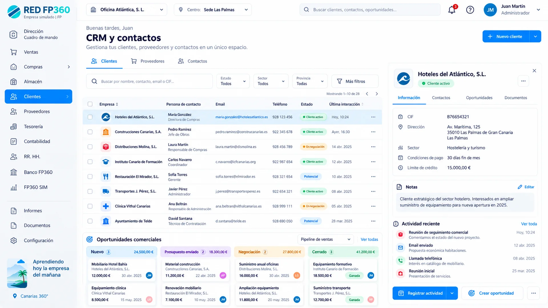 Maqueta independiente de CRM y contactos, interfaz de RED FP360